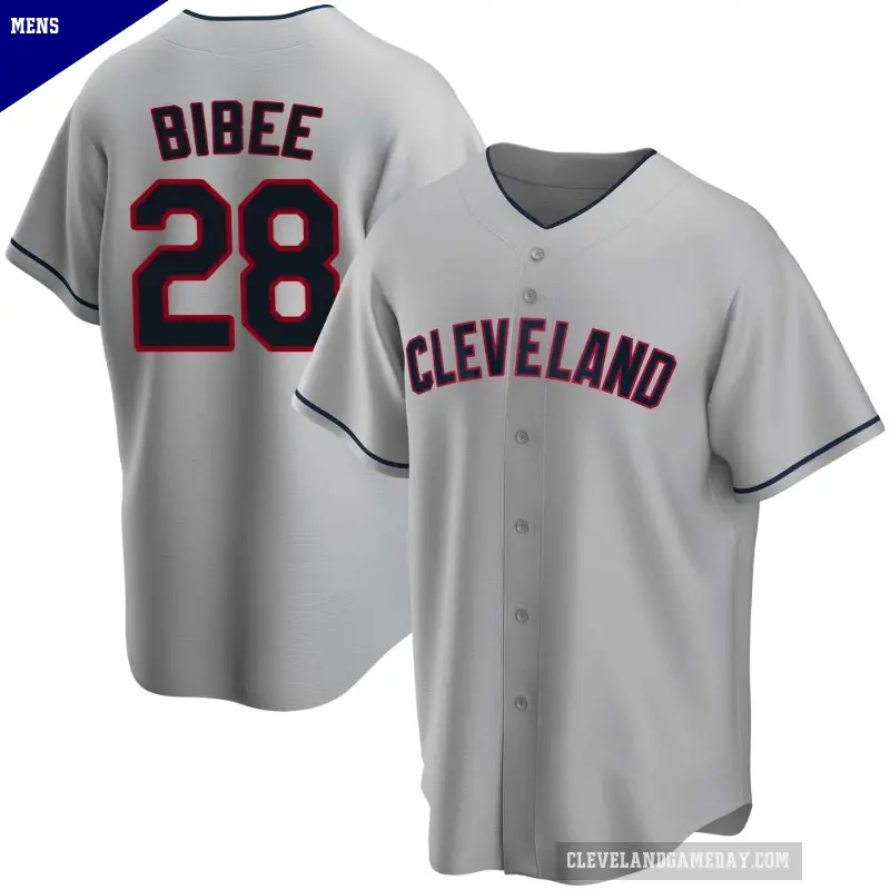 Men's No.28 Tanner Bibee Cleveland Guardians Gray Replica Road Jersey