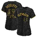 Women's No.43 Rick Sutcliffe Cleveland Guardians Black Replica Snake Skin City Jersey