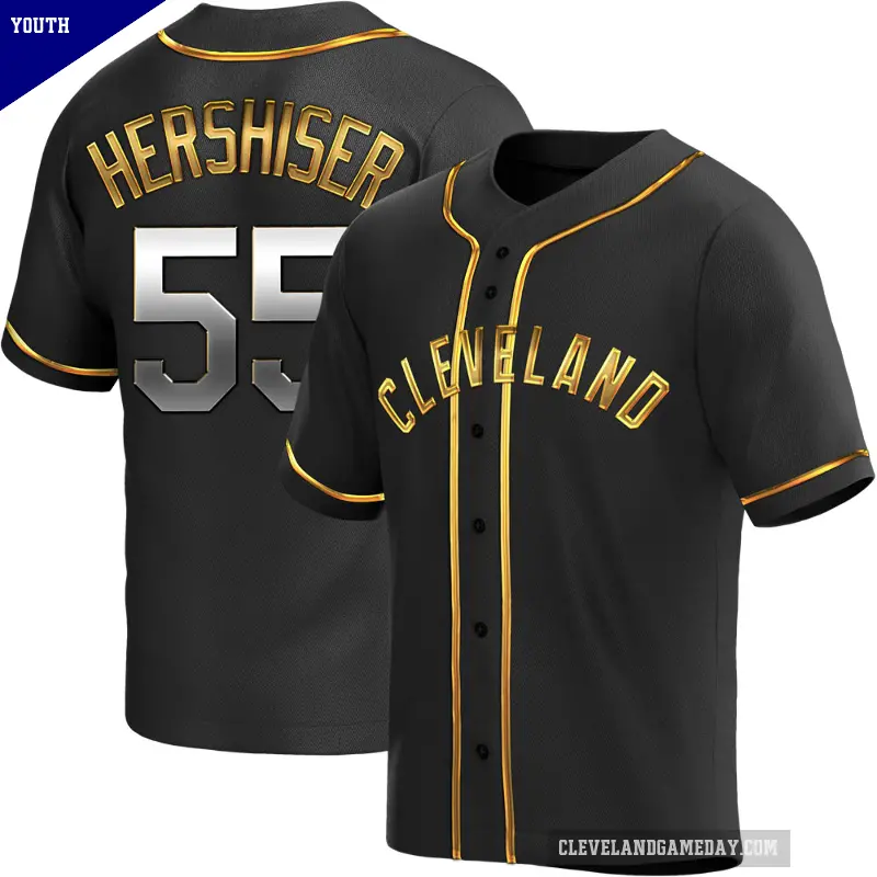Youth No.55 Orel Hershiser Cleveland Guardians Gold Replica Black en Alternate Jersey